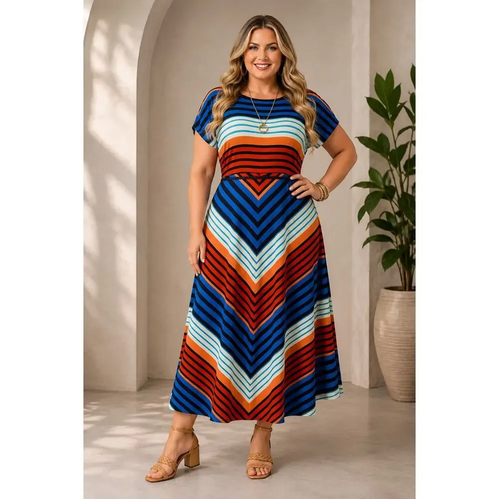 Tommy Hilfiger Chevron Stripe Maxi Dress XL Blue Orange‎ Belted